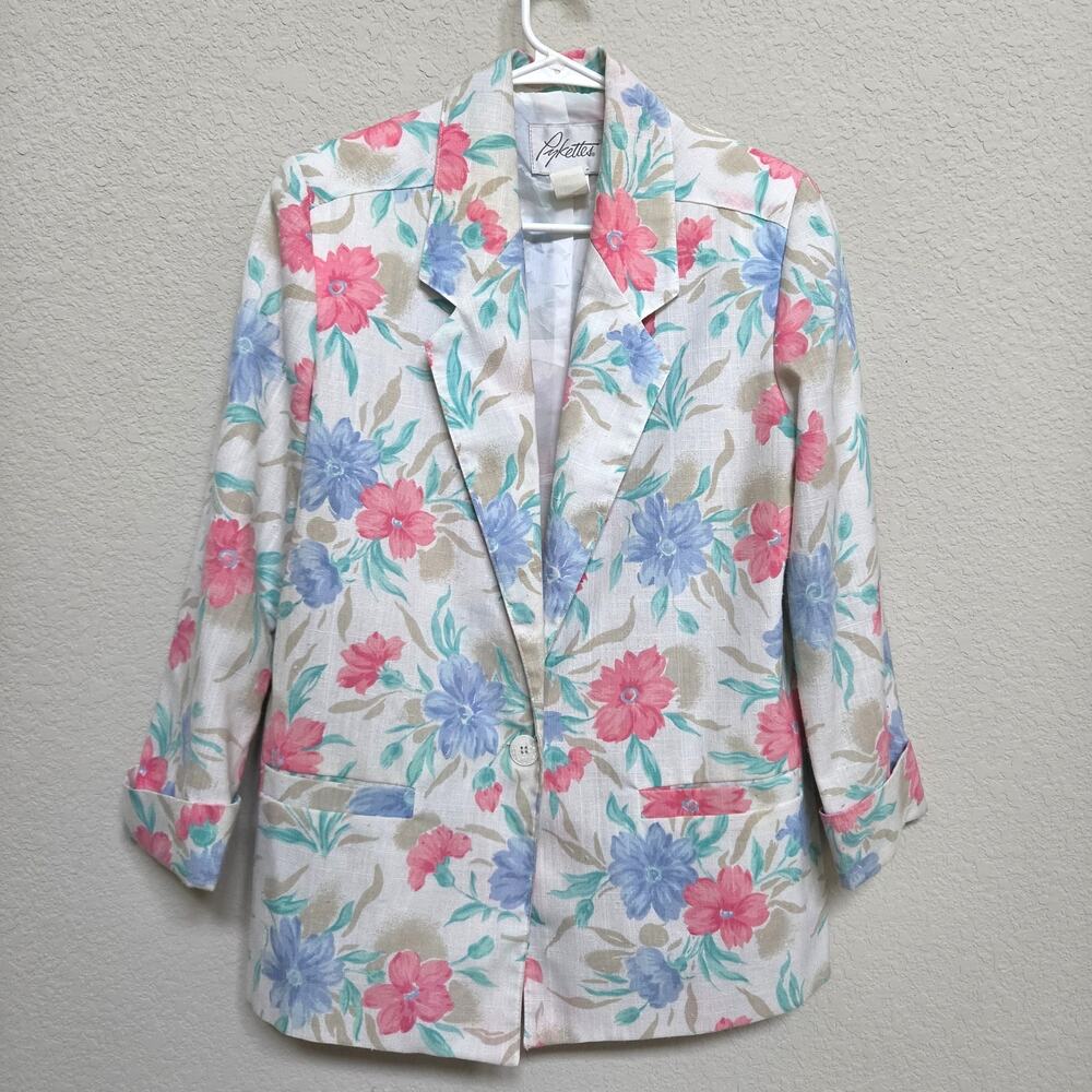 Vintage Floral Blazer Pykettes Jacket Size Medium Pastel 80s Lined Made in USA
